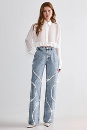 Rhinestone Embellished Wide Leg Jeans - Velora