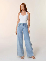 Ivory Bloom - Rhinestone Embellished Wide Leg Jeans - IceBlue