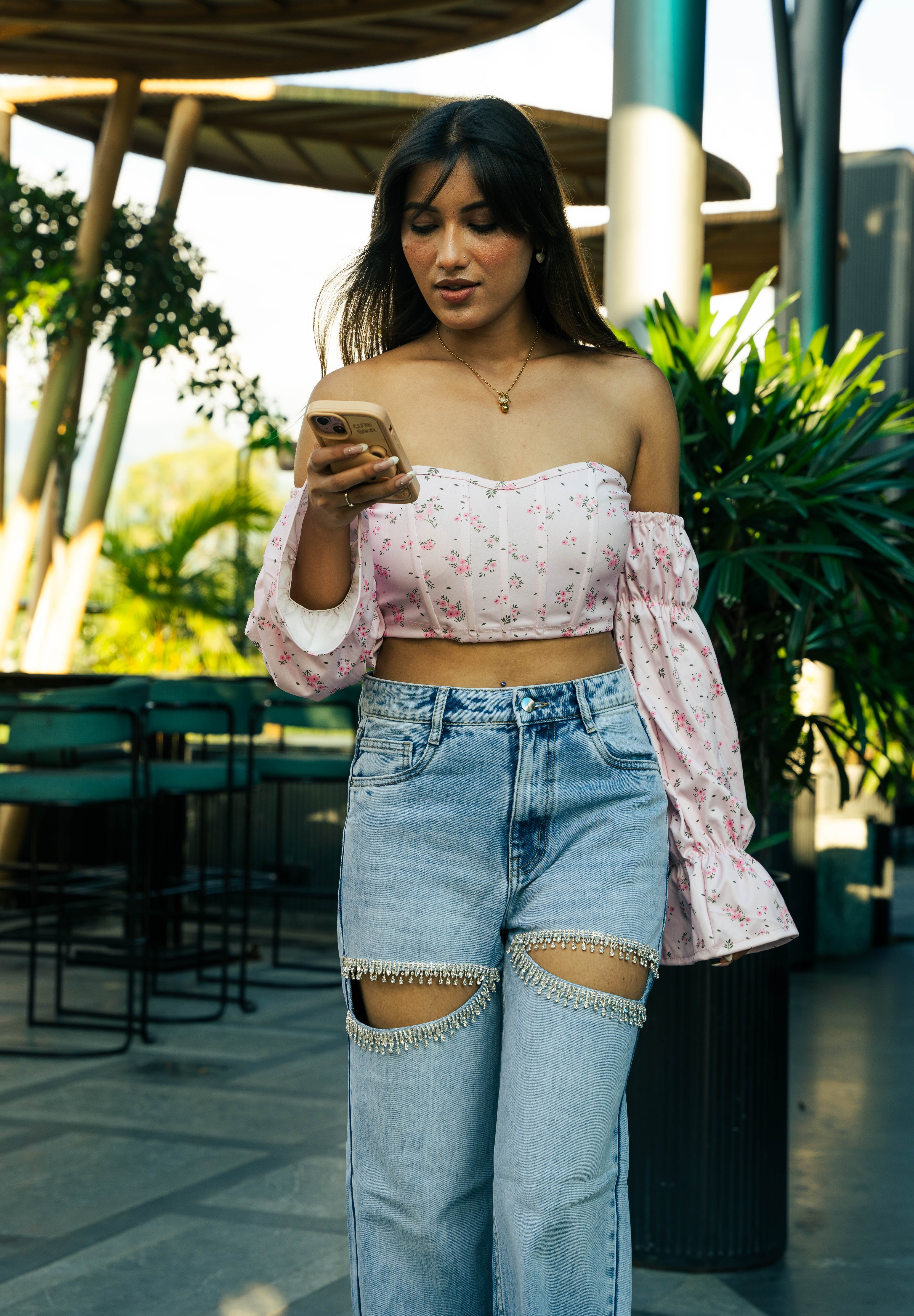 Amelia- Rhinestone Embellished Cut Out Jeans