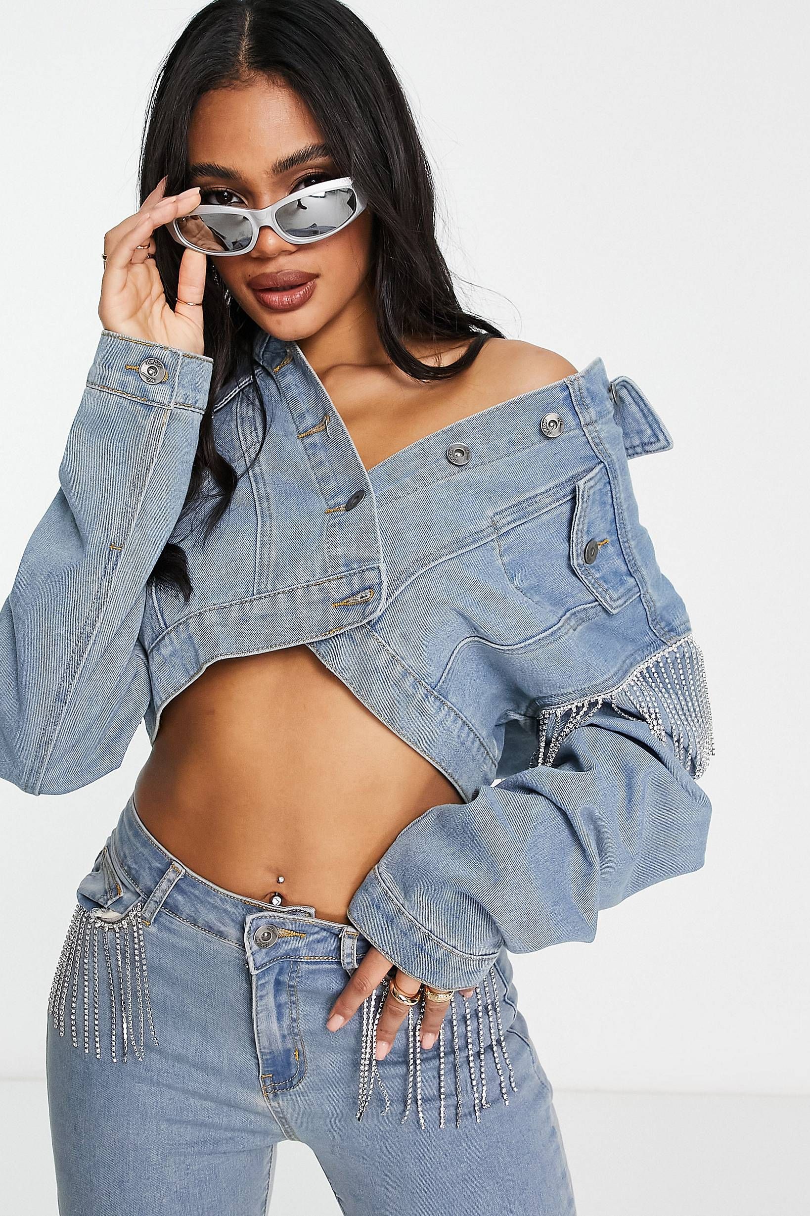 Rhinestone Fringe Boot Cut Flared Jeans Ice Blue