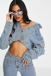 Rhinestone Fringe Boot Cut Flared Jeans Ice Blue