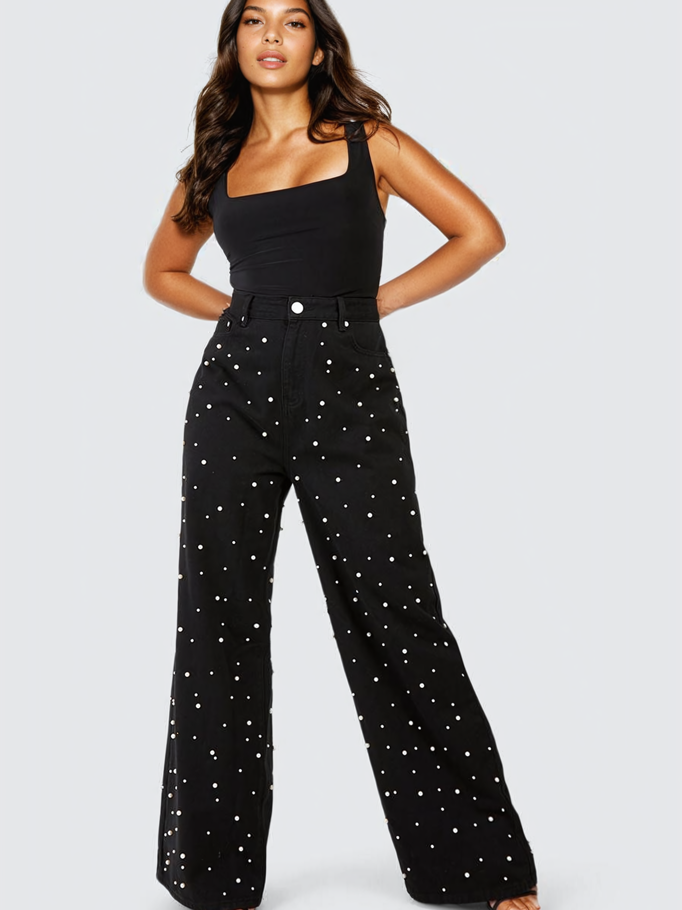 Limited Edition Pearl Embellished Wide Leg Jeans - Black
