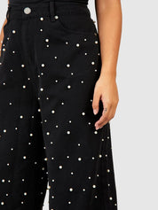 Limited Edition Pearl Embellished Wide Leg Jeans - Black