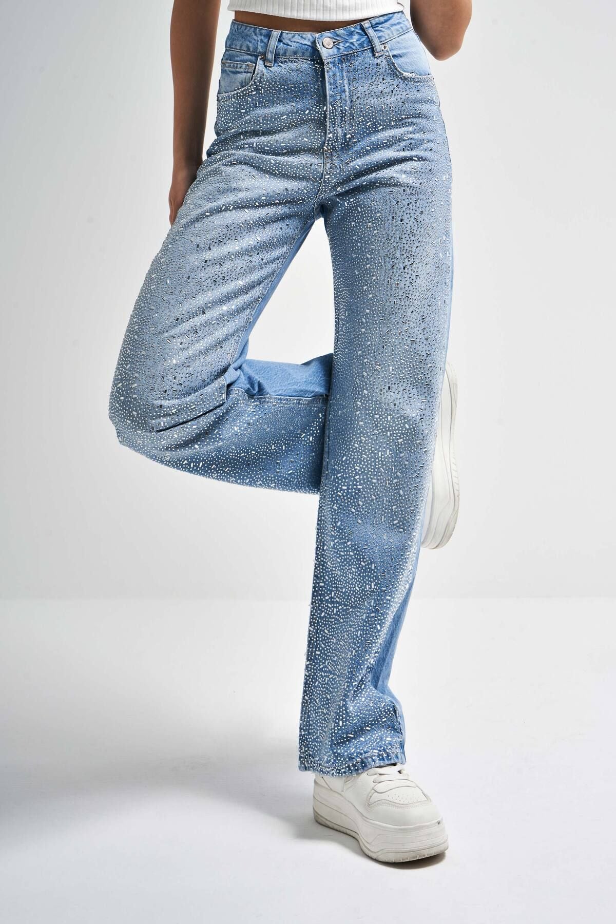 Cosmic Chaos - Rhinestone Embellished Wide Leg Jeans