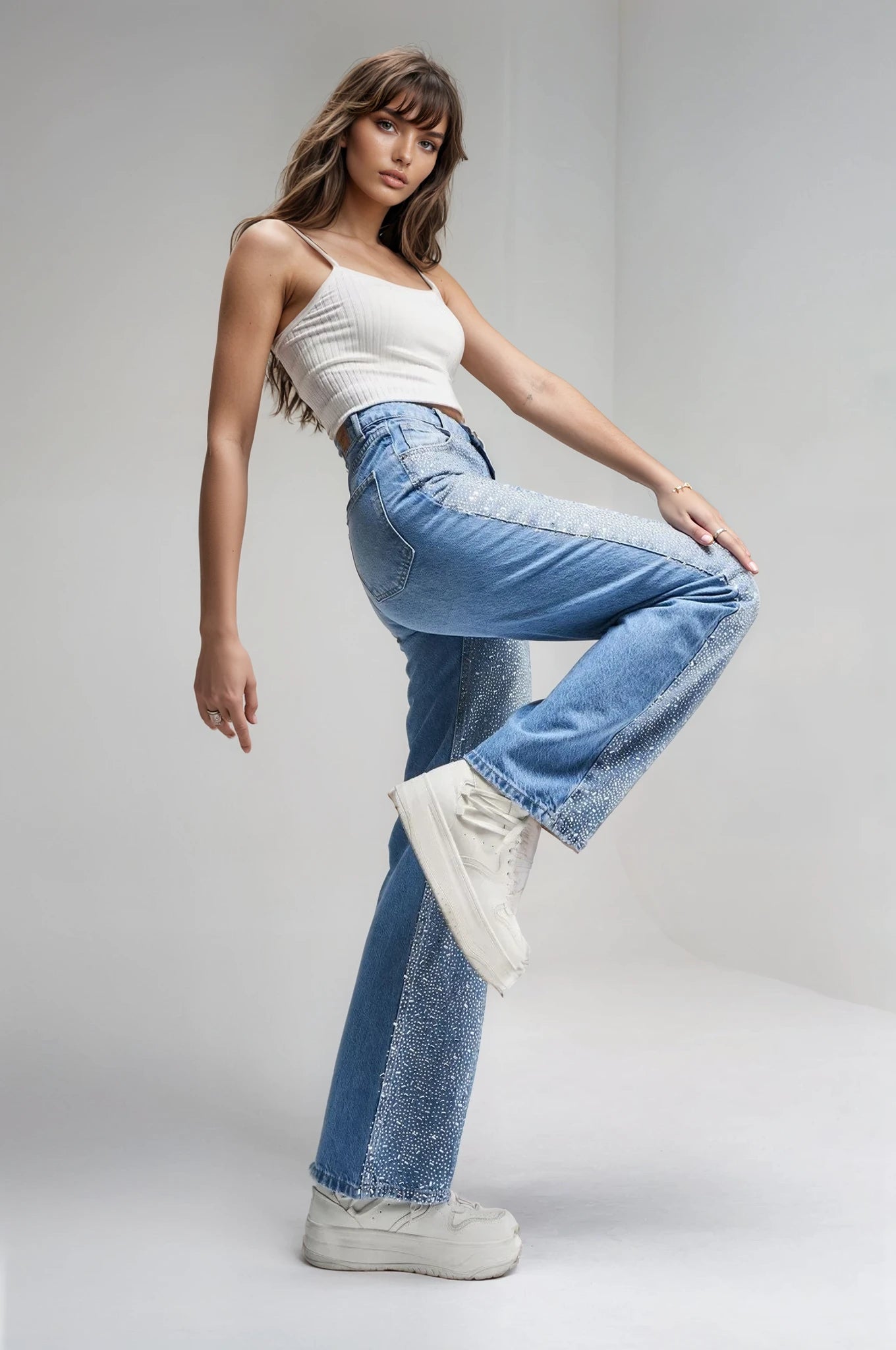 Cosmic Chaos - Rhinestone Embellished Wide Leg Jeans