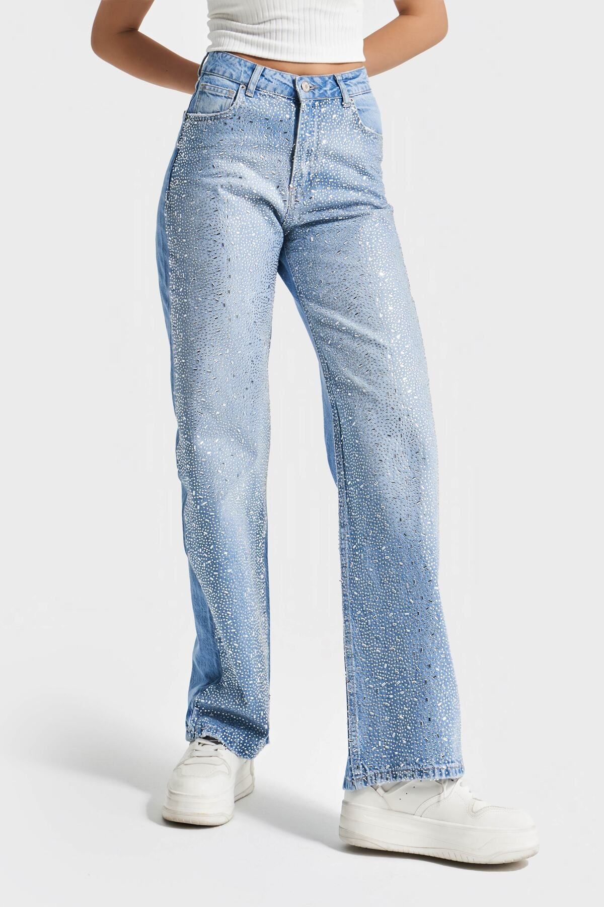Cosmic Chaos - Rhinestone Embellished Wide Leg Jeans