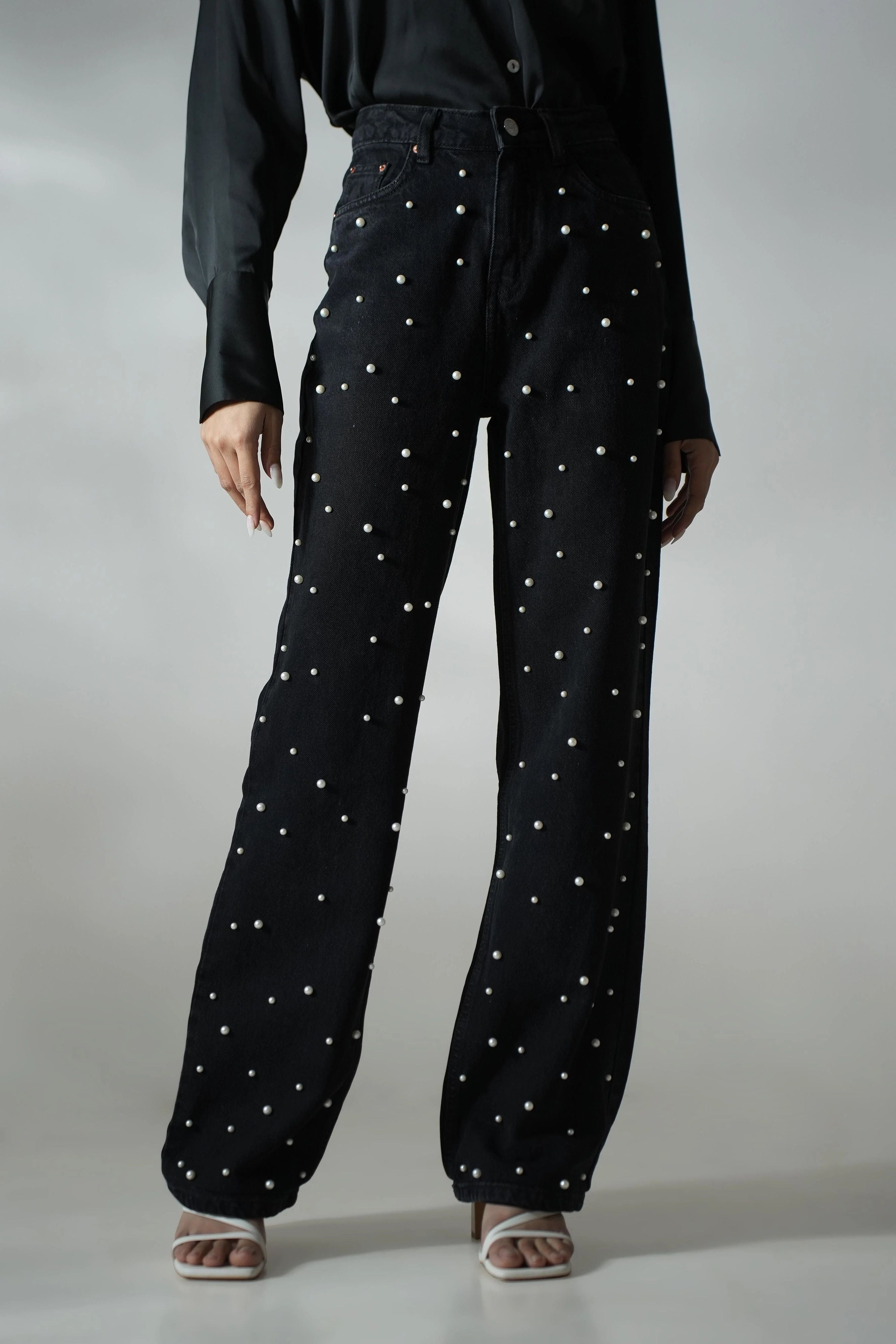 Pearl Studded Wide Leg Jeans - Black