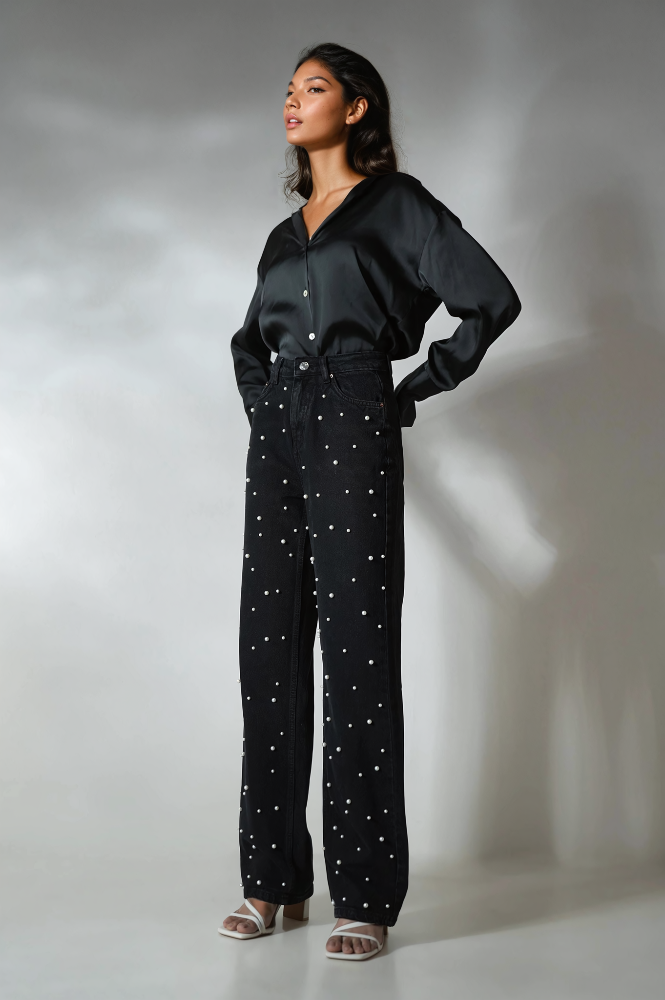Pearl Studded Wide Leg Jeans - Black
