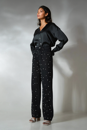 Pearl Studded Wide Leg Jeans - Black