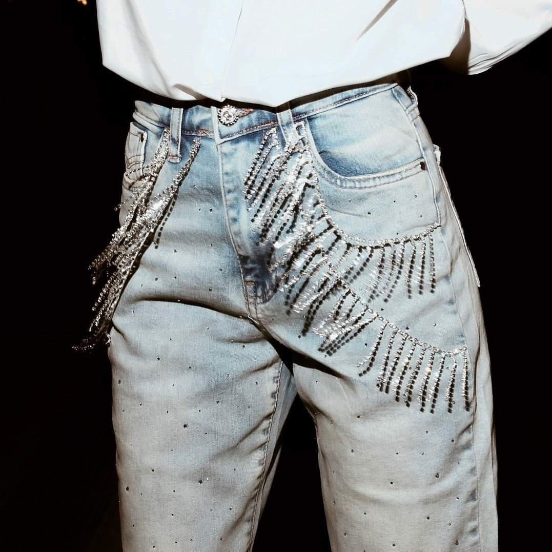 Fringe Fever- Rhinestone Wide Leg Jeans