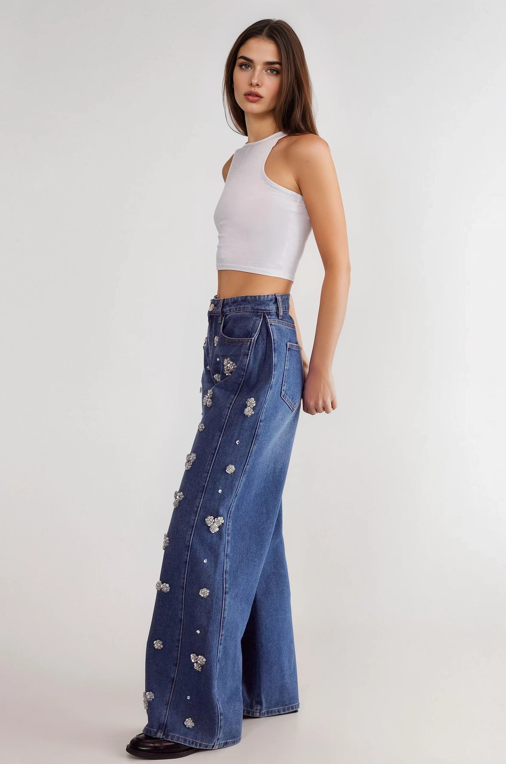 Flower Applique Rhinestone Embellished Wide Leg Jeans