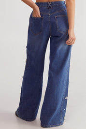 Flower Applique Rhinestone Embellished Wide Leg Jeans