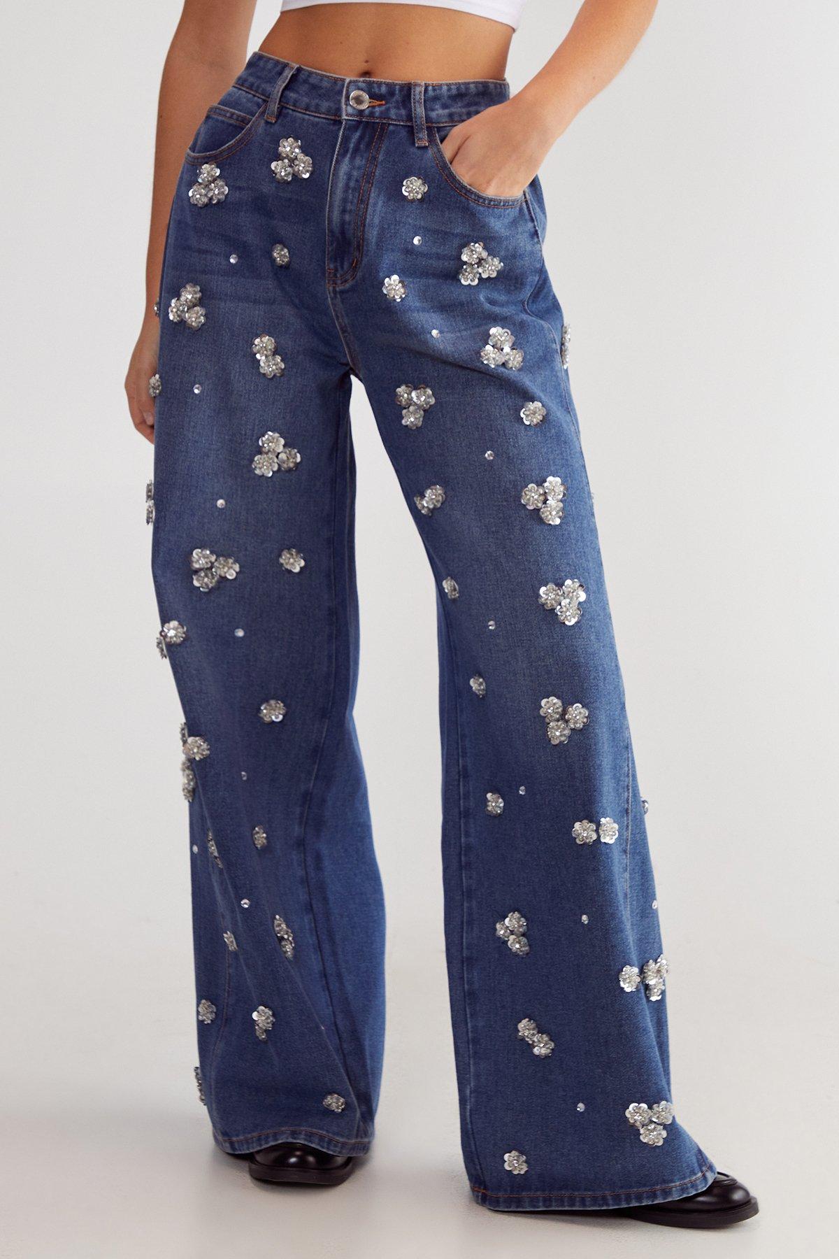 Flower Applique Rhinestone Embellished Wide Leg Jeans