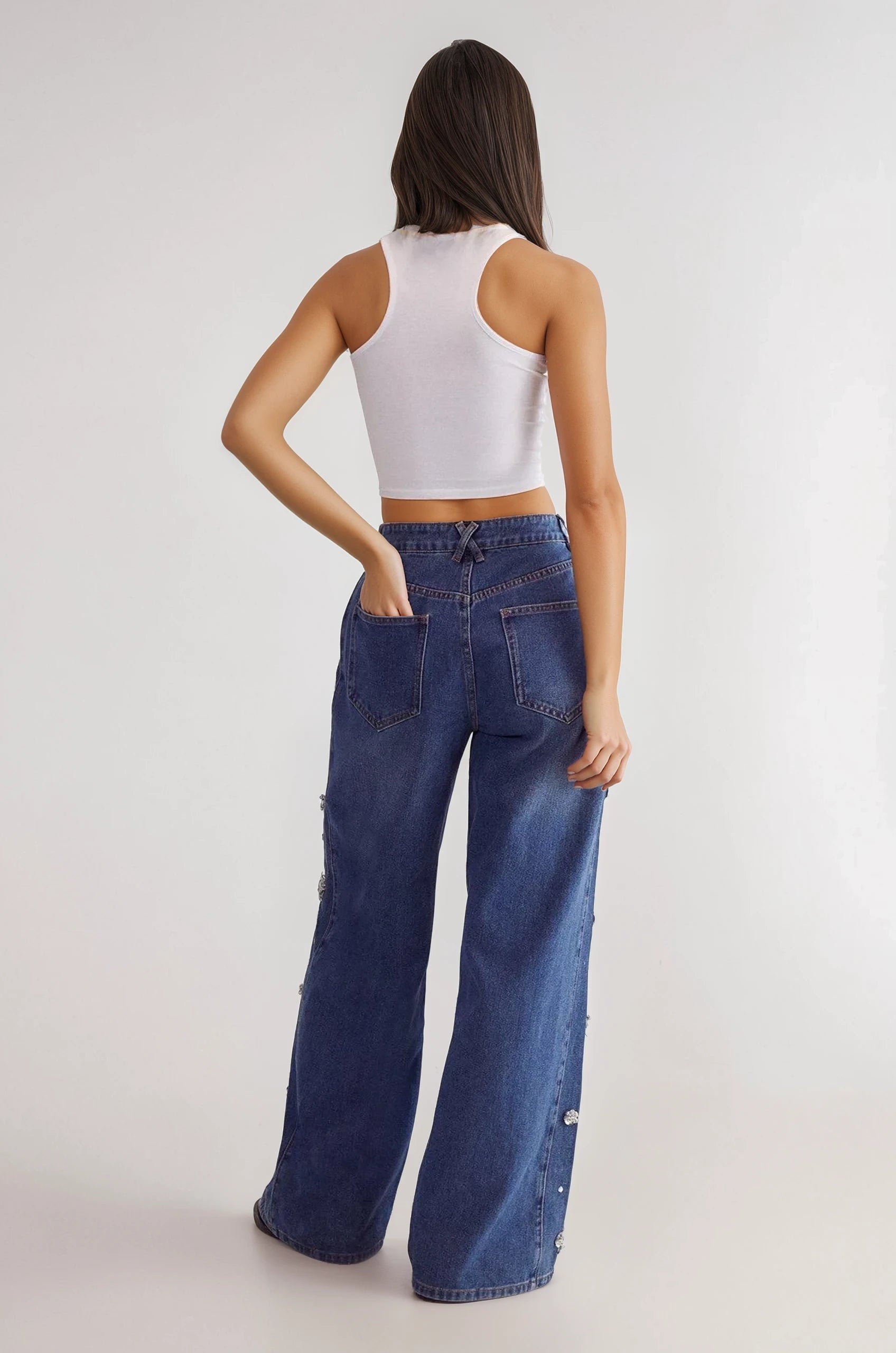Flower Applique Rhinestone Embellished Wide Leg Jeans