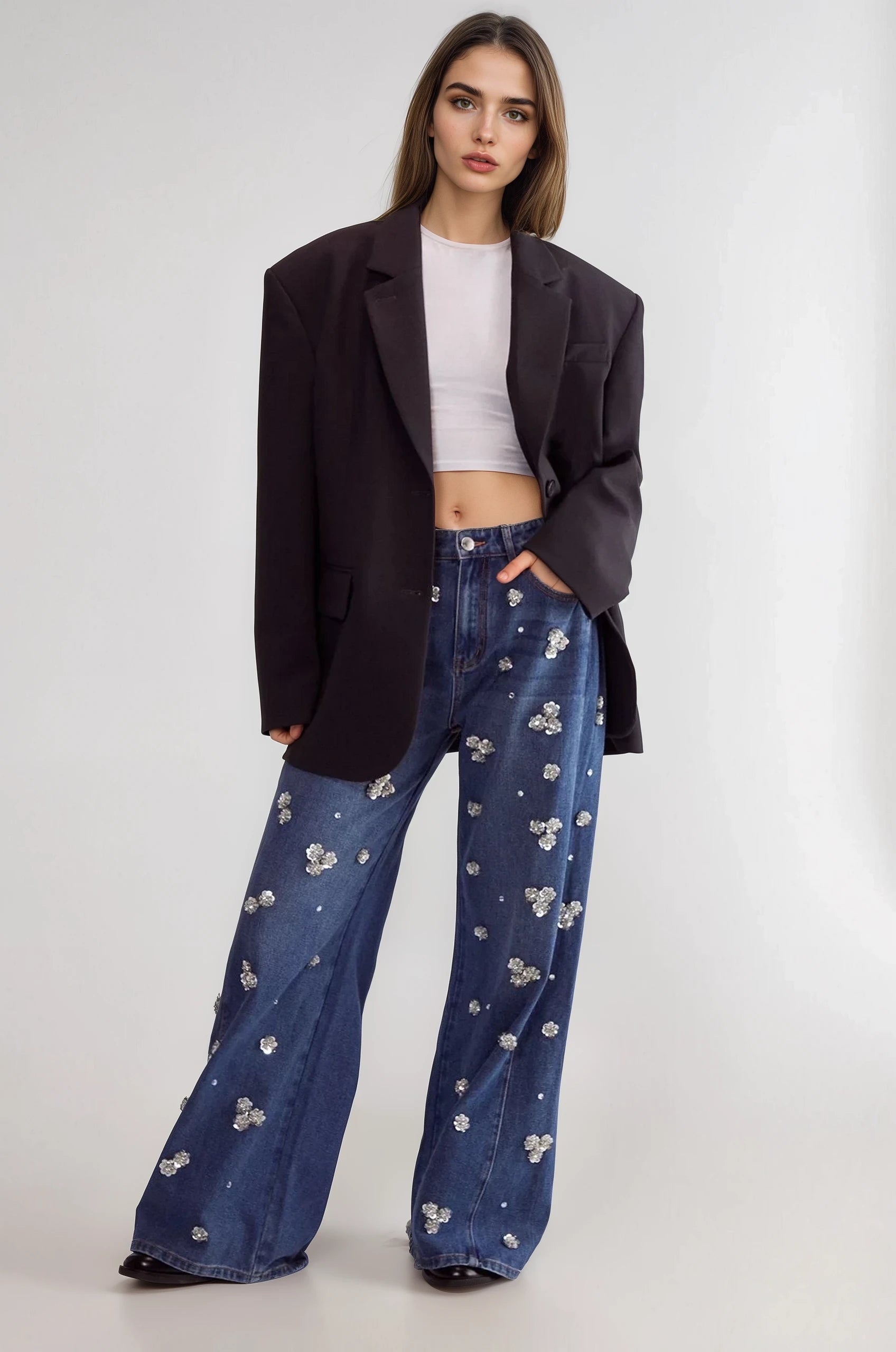 Flower Applique Rhinestone Embellished Wide Leg Jeans