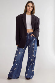 Flower Applique Rhinestone Embellished Wide Leg Jeans