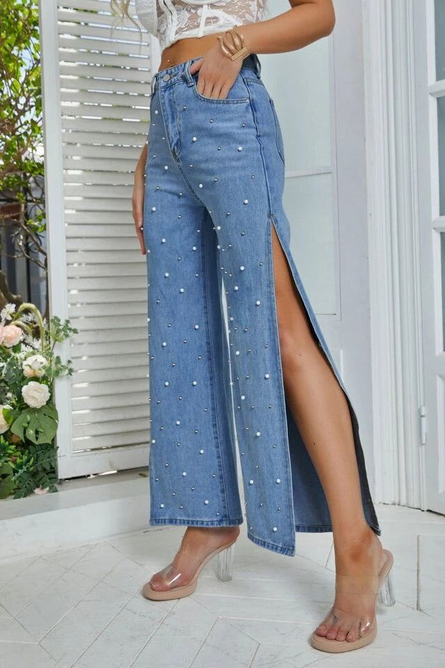 Pearl Studded Cut Out Jeans - Stone Blue