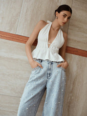 Garden of Light - Pearl Embellished Wide Leg Jeans - Ice Blue