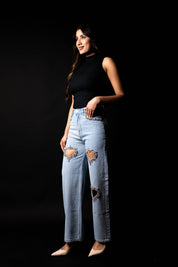 Cupid’s Charm - Rhinestone Embellished Cut Out Jeans - IceBlue