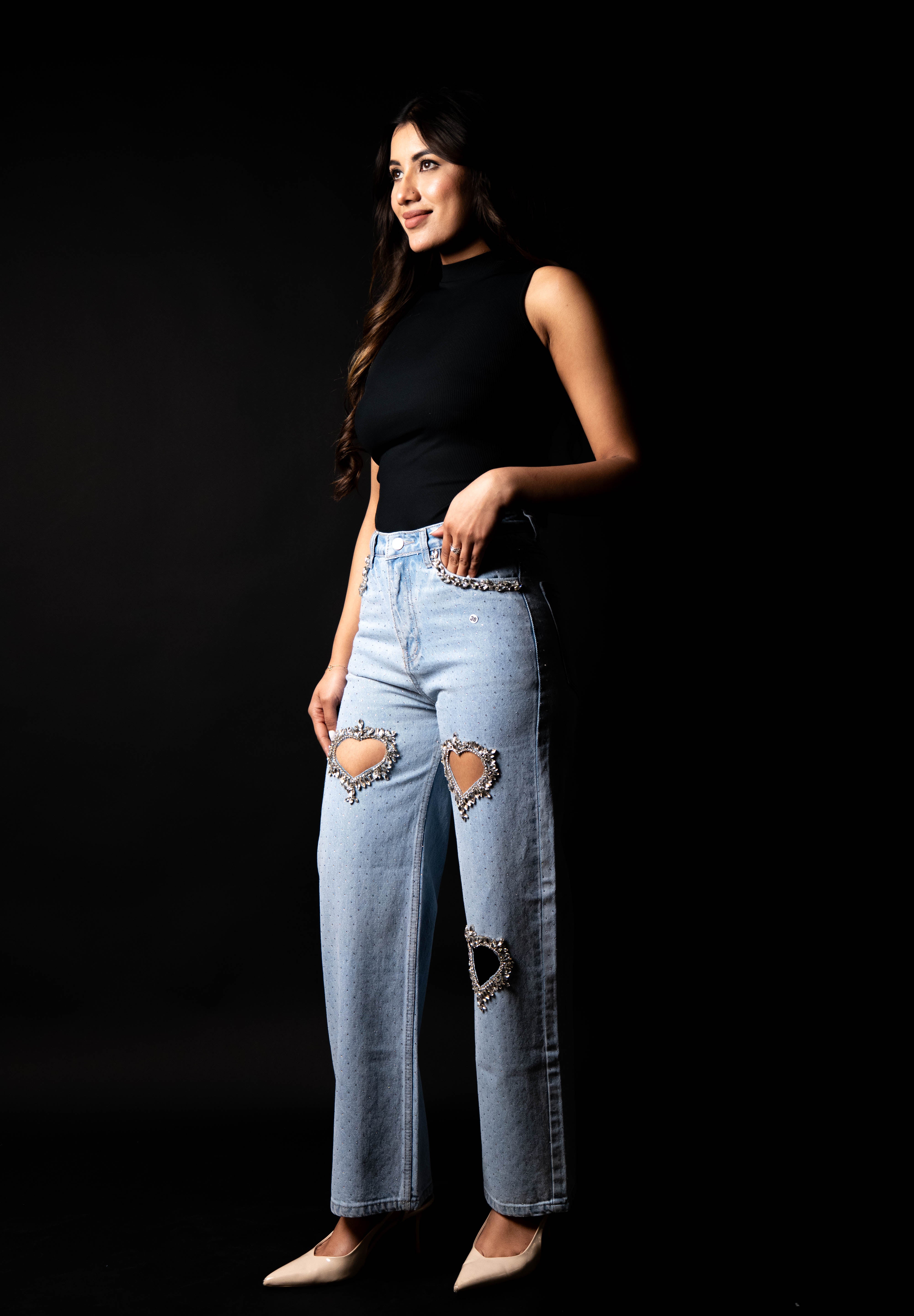 Cupid’s Charm - Rhinestone Embellished Cut Out Jeans - IceBlue