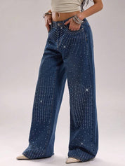 Hailey - Rhinestone Embellished Wide Leg Jeans - Dark Blue