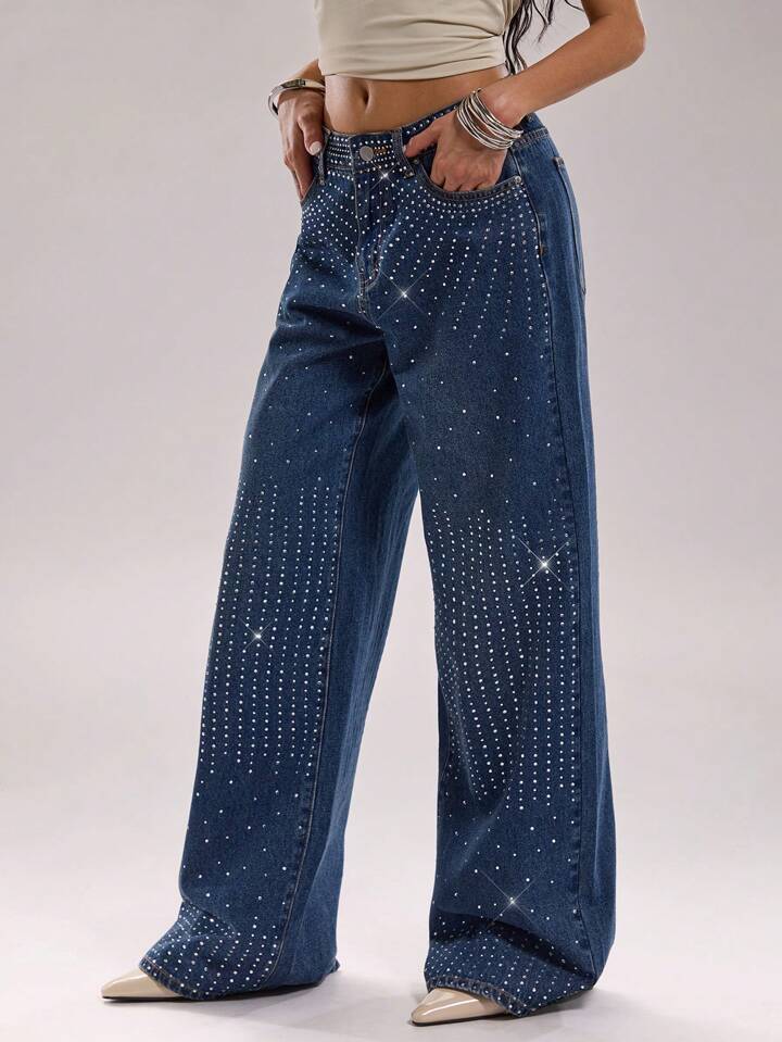 Hailey - Rhinestone Embellished Wide Leg Jeans - Dark Blue