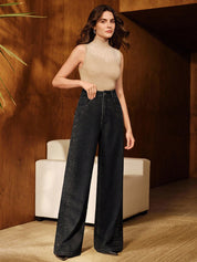 Black Diamond Mist - Rhinestone Embellished Wide Leg Jeans