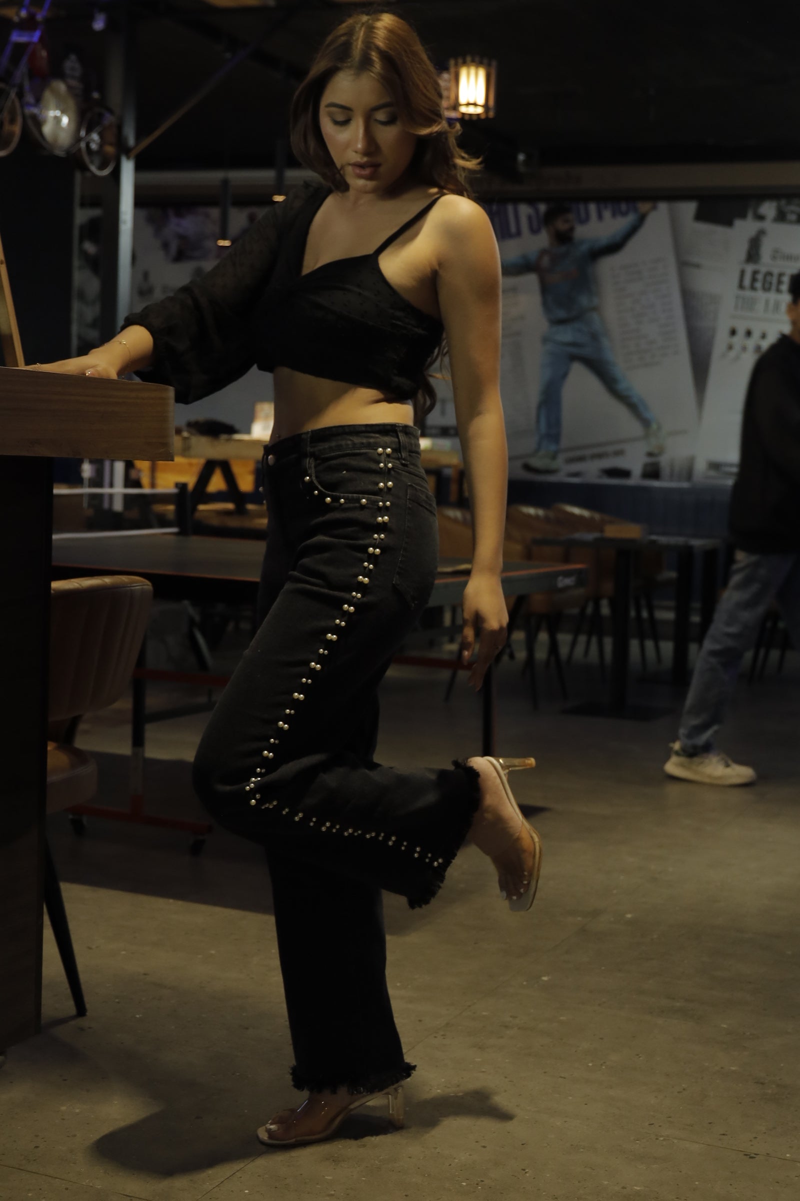 Myra - High Rise Pearl Embellished Wide Leg Jeans