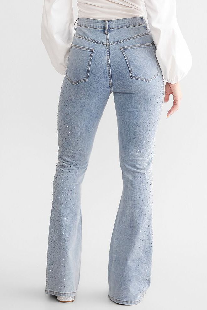 High Rise Rhinestone Embellished Boot Cut Flared Jeans - Ice Blue