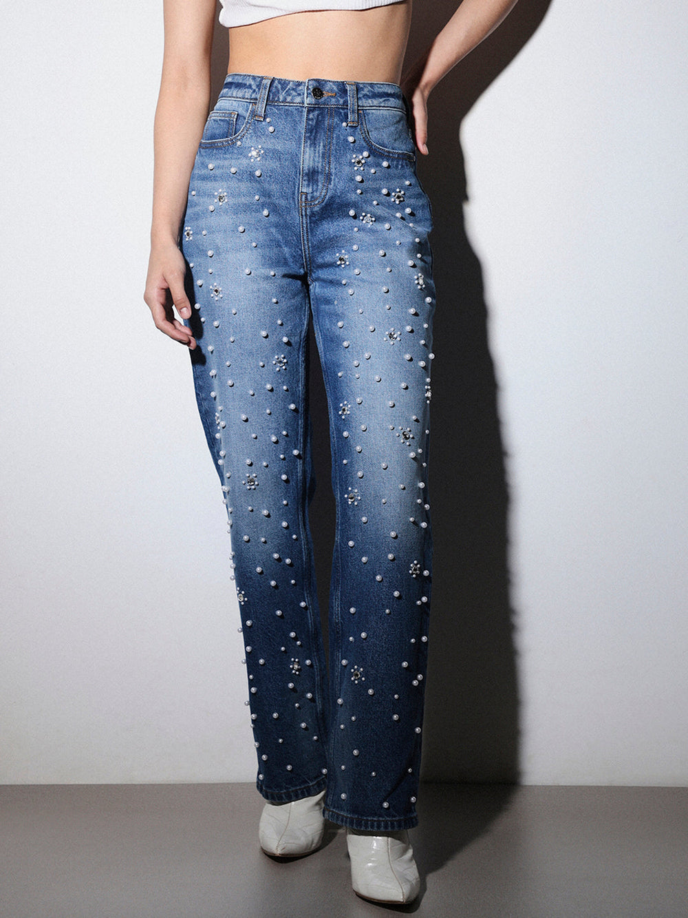 Rhea- Rhinestone Embellished Wide Leg Jeans - Dark Blue
