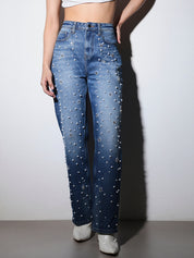 Rhea- Rhinestone Embellished Wide Leg Jeans - Dark Blue