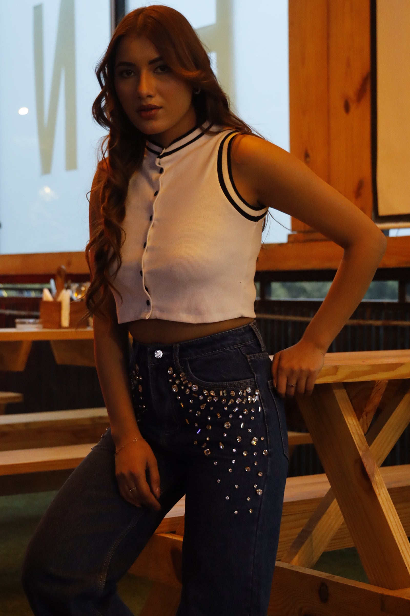 Tanya - Rhinestone Embellished Wide Leg Jeans - Dark Blue