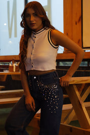 Tanya - Rhinestone Embellished Wide Leg Jeans - Dark Blue