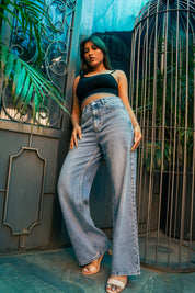 Samantha - Rhinestone Embellished Wide Leg Jeans - Ice Blue