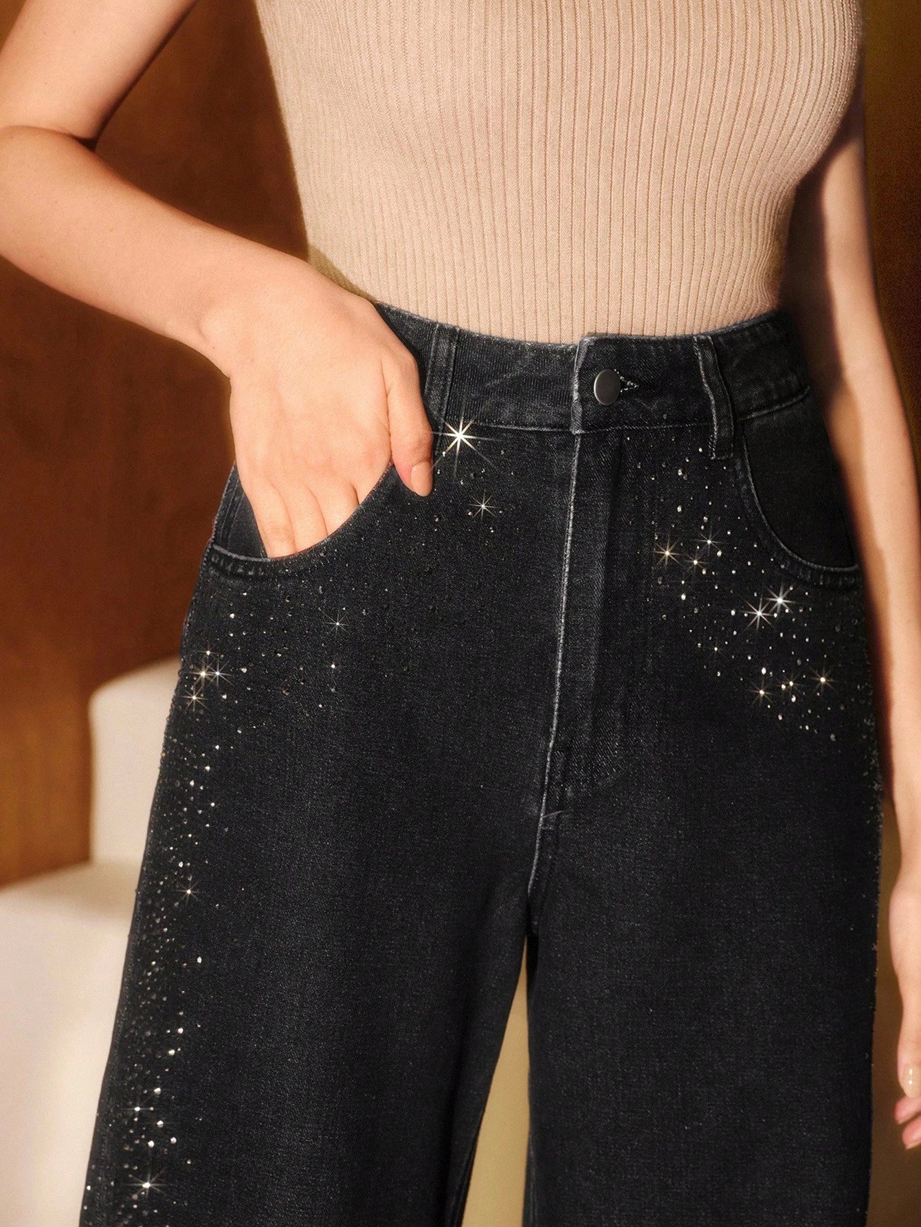 Black Diamond Mist - Rhinestone Embellished Wide Leg Jeans