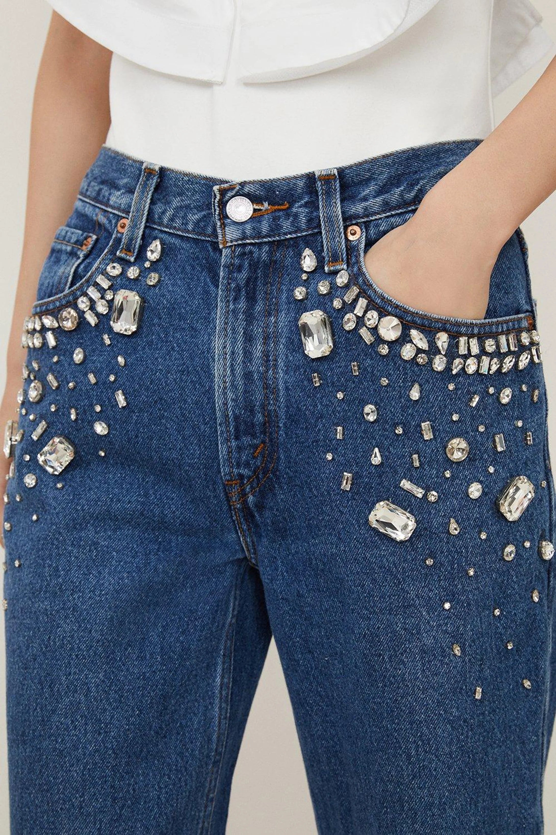 Tanya - Rhinestone Embellished Wide Leg Jeans - Dark Blue