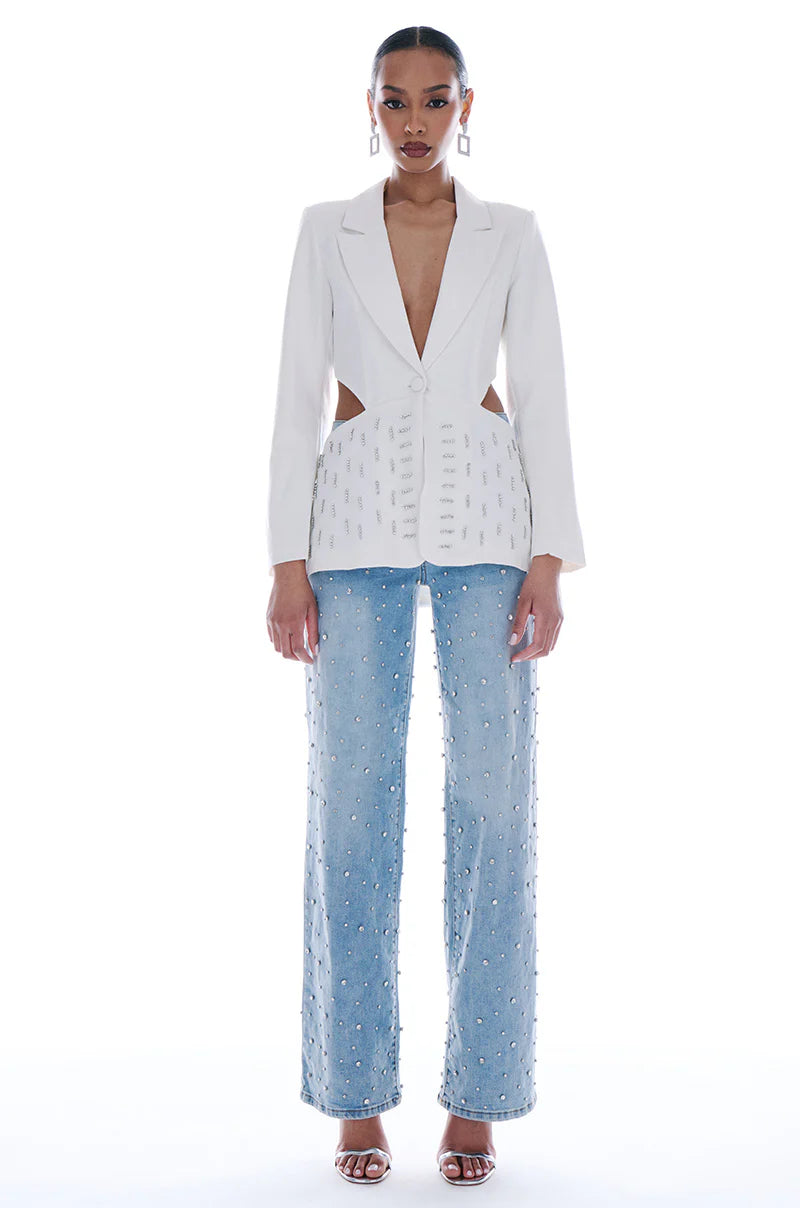Lumière Rhinestone Embellished Wide Leg Jeans - Ice Blue