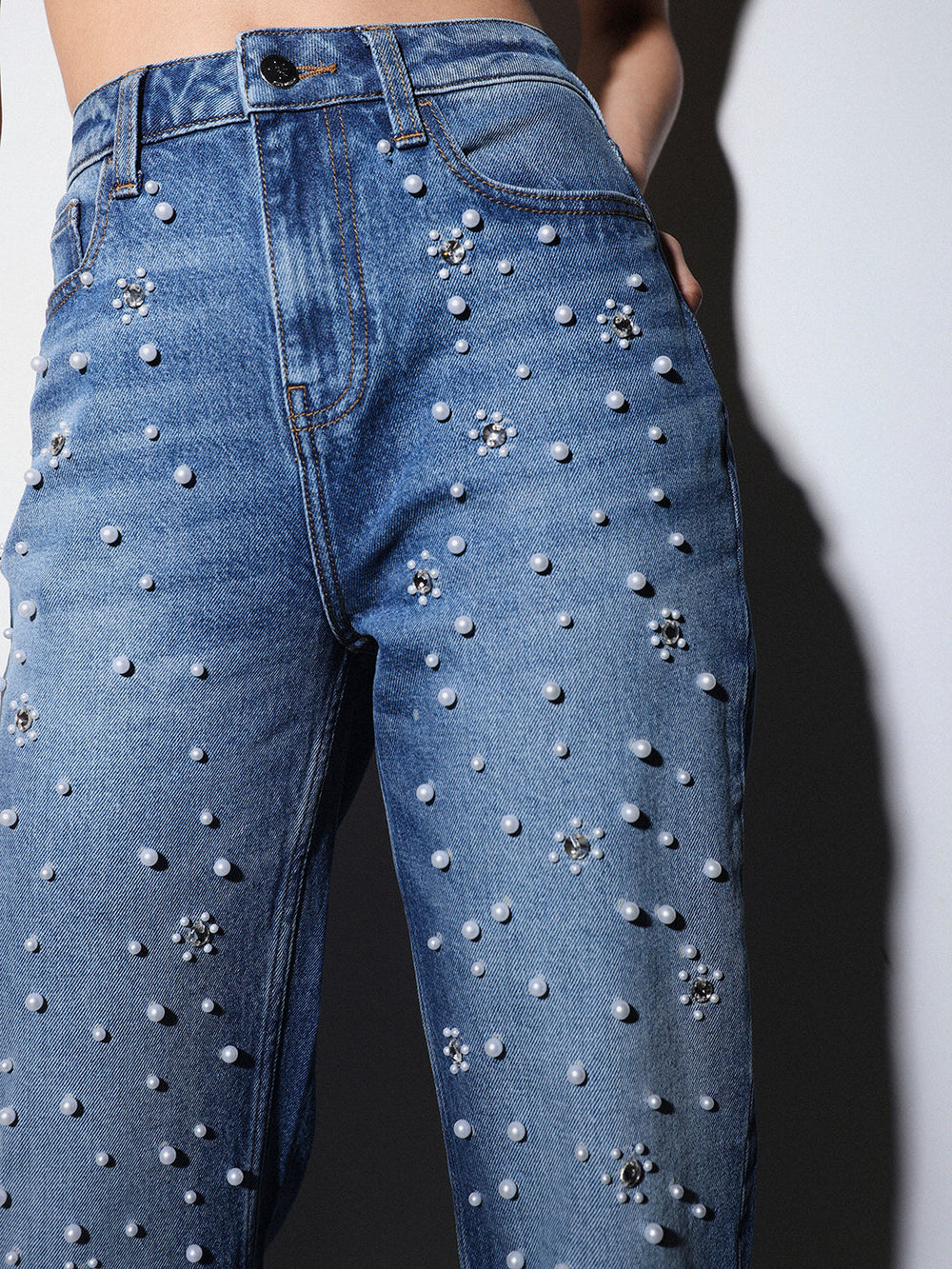 Rhea- Rhinestone Embellished Wide Leg Jeans - Dark Blue