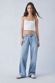 Rhinestone Belt Wide Leg Jeans - Ice Blue