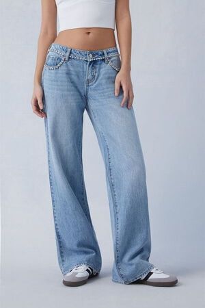 Rhinestone Belt Wide Leg Jeans - Ice Blue