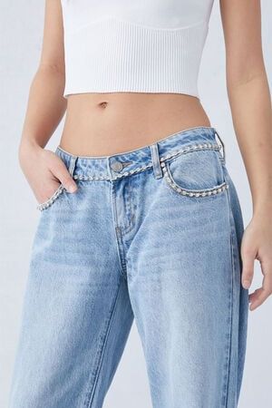 Rhinestone Belt Wide Leg Jeans - Ice Blue