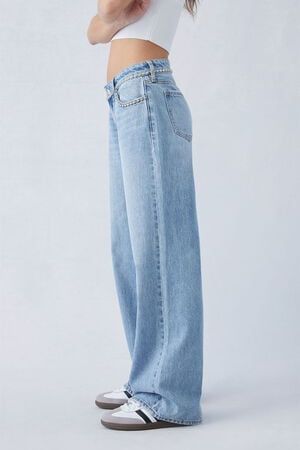 Rhinestone Belt Wide Leg Jeans - Ice Blue