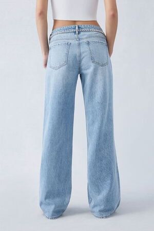 Rhinestone Belt Wide Leg Jeans - Ice Blue