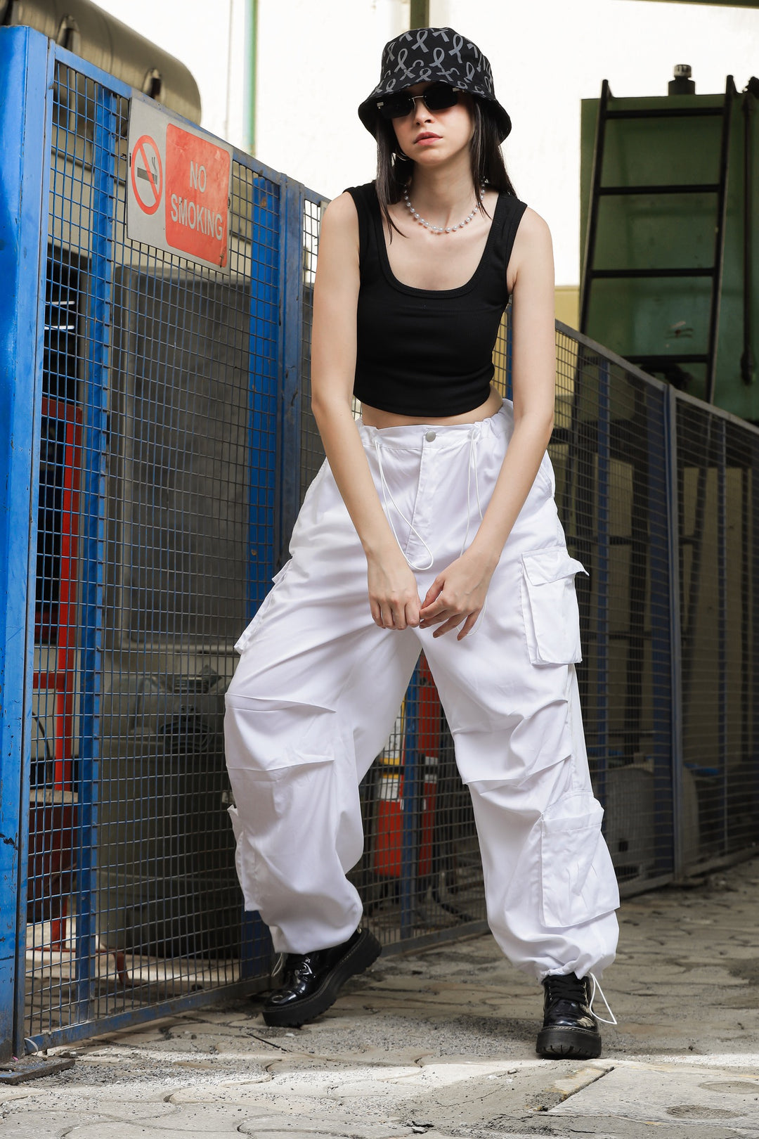 Women's White Parachute Pants with Double Pockets