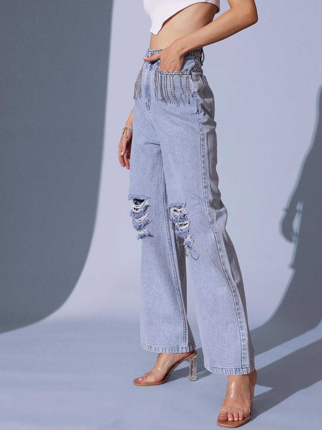 Sparkle Drip  - Distressed Rhinestone Embellished Wide Leg Jeans - Ice Blue