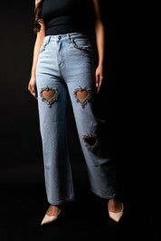 Cupid’s Charm - Rhinestone Embellished Cut Out Jeans - IceBlue