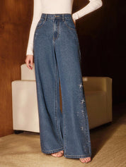 Diamond Mist - Rhinestone Embellished Wide Leg Jeans - Dark Blue