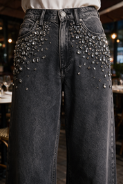Glam Noir - Rhinestone Embellished Wide Leg Jeans - Black