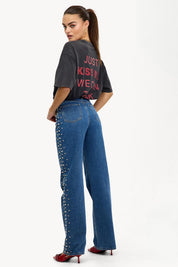 Eclipse - Rhinestone Embellished Wide Leg Jeans - Dark Blue