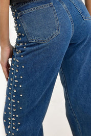 Eclipse - Rhinestone Embellished Wide Leg Jeans - Dark Blue